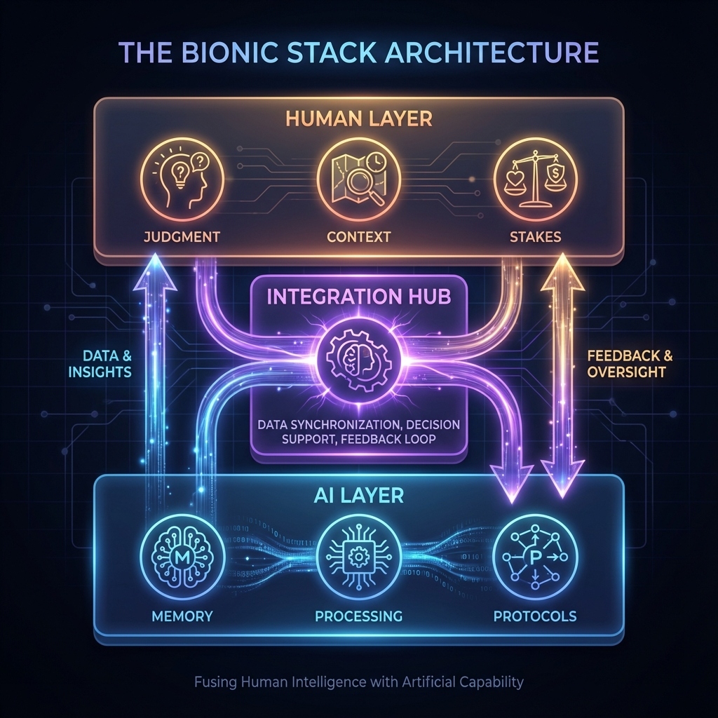 Diagram showing three layers: Human Judgment (goals, stakes, context) at top, Interface Protocols in middle, AI Compute and Memory at bottom