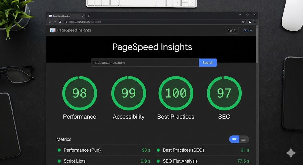 PageSpeed Insights showing 98 Performance, 99 Accessibility, 100 Best Practices, 97 SEO